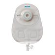 Single-use ostomy bag with adhesive barrier and drainage valve on white background