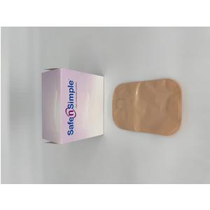 Medical adhesive barrier patch next to Safe n Simple box on white background