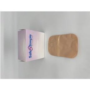 Medical adhesive barrier patch next to Safe n Simple box on white background