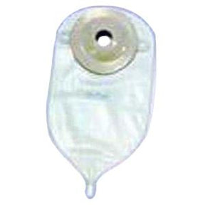 Ostomy bag medical supply with adhesive barrier for stoma care, white background
