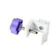 White adjustable medical clamp with purple tightening knob for secure attachment