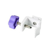White adjustable medical clamp with purple tightening knob for secure attachment