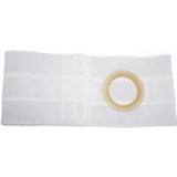 White ostomy belt with circular opening for medical stoma support