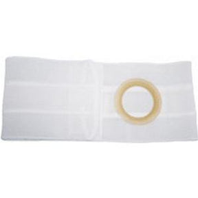 White ostomy belt with circular opening for medical stoma support