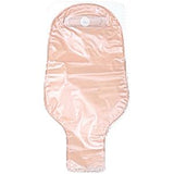 Beige medical ostomy pouch with adhesive backing for stoma care and ostomy supplies