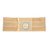 Beige ostomy support belt with circular blue opening for medical stoma care