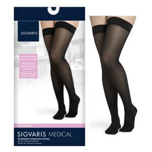Black thigh-high medical compression stockings for leg support, shown in retail packaging.