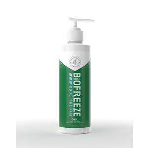 Biofreeze pain relief gel pump bottle with green and white label on white background