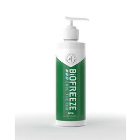 Biofreeze pain relief gel pump bottle with green and white label on white background