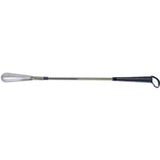 Long handle metal shoehorn with ergonomic black grip for easy shoe wearing