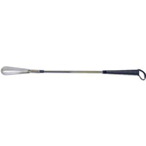 Long handle metal shoehorn with ergonomic black grip for easy shoe wearing