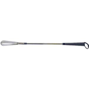 Long handle metal shoehorn with ergonomic black grip for easy shoe wearing