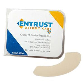 Entrust ostomy care crescent barrier extension with hydrocolloid adhesive shown next to package.