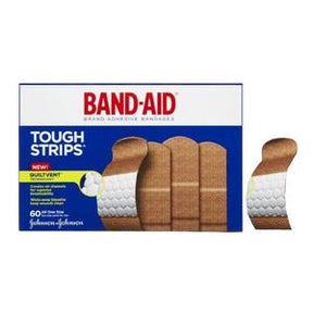 Box of Band-Aid Tough Strips adhesive bandages with quiltvent pad, 60 count, front view