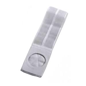 White ostomy belt with adjustable strap and circular opening for medical support