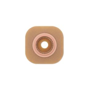 Medical ostomy barrier with adhesive, square shape and round center opening on white background