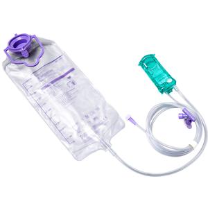 Enteral feeding bag with tubing and purple connector for medical nutrition delivery