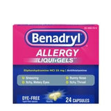 Benadryl Allergy LiquiGels box 24 capsules front view, antihistamine for allergy relief