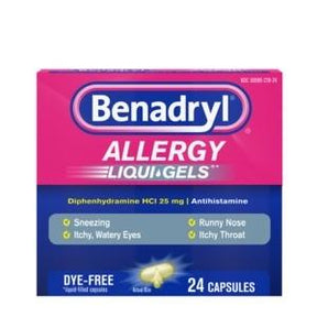 Benadryl Allergy LiquiGels box 24 capsules front view, antihistamine for allergy relief