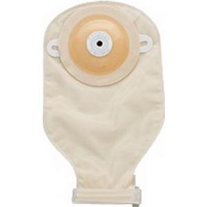 Beige ostomy pouch with integrated adhesive barrier for medical use, isolated on white background