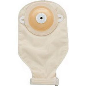 Beige ostomy pouch with integrated adhesive barrier for medical use, isolated on white background