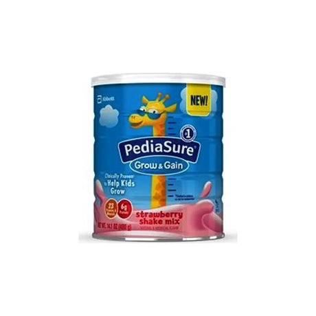PediaSure Grow & Gain strawberry shake mix can for kids, blue packaging with giraffe graphic