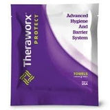Theraworx Protect hygiene and barrier system single-use towel packet, purple and white packaging
