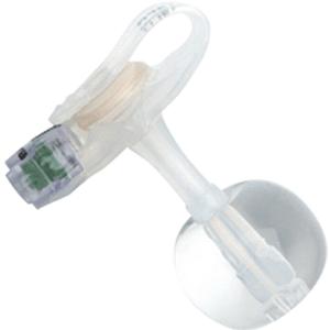 Clear medical feeding tube with silicone balloon and secure connector on white background