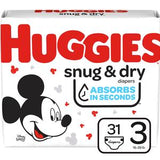 Huggies snug & dry size 3 diapers box with Mickey Mouse design, 31 count
