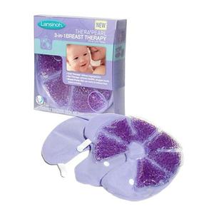 Purple breast therapy gel packs with product packaging for hot and cold pain relief