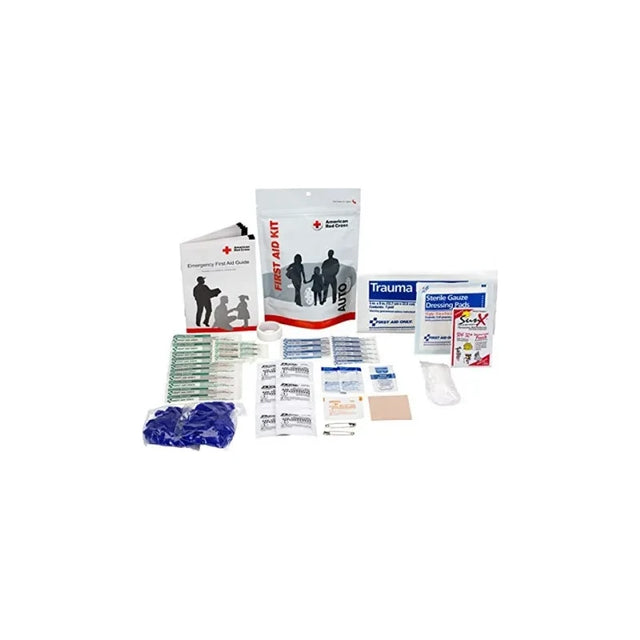 Comprehensive first aid kit with bandages, gloves, gauze, trauma pads, and first aid guide