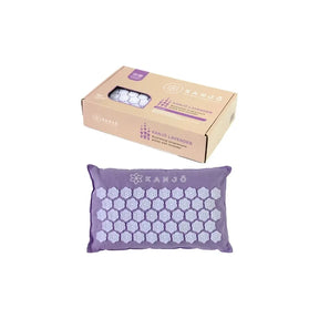 Lavender acupressure pillow with flower-shaped pressure points and packaging box