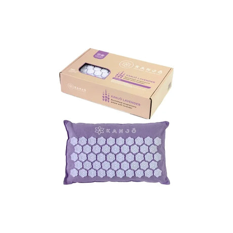 Lavender acupressure pillow with flower-shaped pressure points and packaging box
