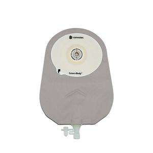 Grey medical ostomy pouch with adhesive barrier and drainable outlet on white background
