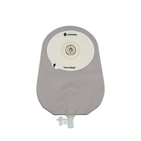 Grey medical ostomy pouch with adhesive barrier and drainable outlet on white background