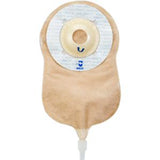 Beige medical ostomy bag with adhesive wafer for stoma care and drainage