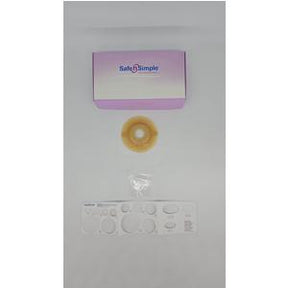Ostomy barrier ring with adhesive patches, clear bag, and purple Safe n Simple box