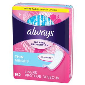 Always Thin Liners Jumbo Pack with RapidDry, 162 unscented menstrual pads in pink box