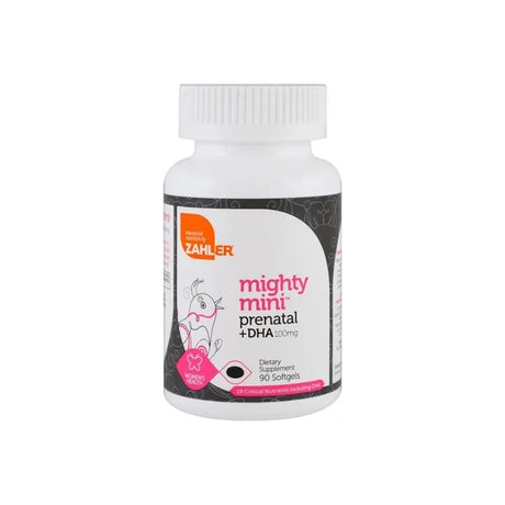 Mighty Mini prenatal DHA supplement bottle with white cap and illustrated label