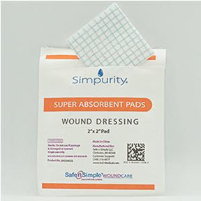 Simpurity super absorbent wound dressing pad, 2x2 inch, sterile medical supply.