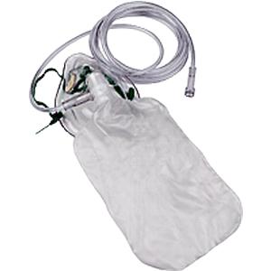 Medical oxygen reservoir bag with attached clear tubing on white background