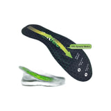 Black and green dynamic motion shoe insole with a honeycomb pattern, isolated on white