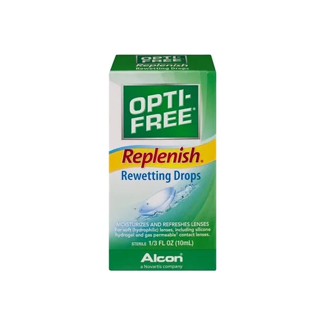 Opti-Free Replenish Rewetting Drops box for contact lens moisture, 10mL front view