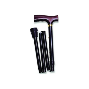 Adjustable folding cane with dark wood handle and black metal shaft on white background