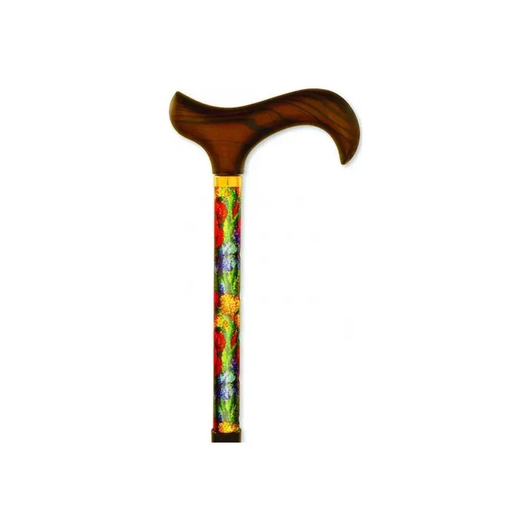 Floral walking cane with a colorful patterned shaft and curved wooden handle