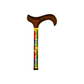 Floral walking cane with a colorful patterned shaft and curved wooden handle