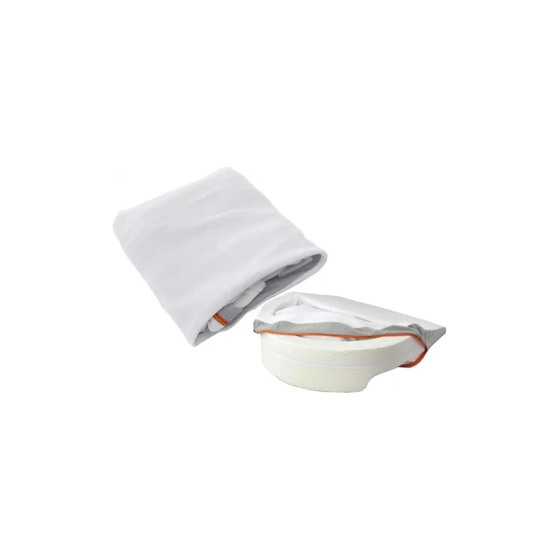 White reusable medical bedpan covers with orange trim for home health care.