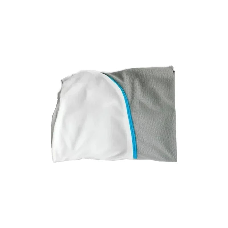 Gray and white medical pillow cover with blue trim for chronic care support