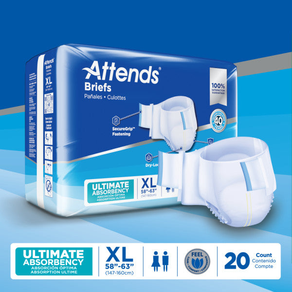 Attends Care Adult Briefs XL, Ultimate Absorbency with SecureGrip Fastening, 20 Count Pack.