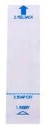 Medical test strip with peel and snap-off instructions, arrow and blue text on white background
